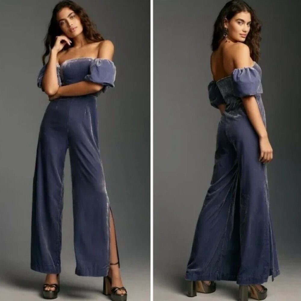 ANTHROPOLOGIE The Femme Velvet Jumpsuit Off Shoulder in Dusty Blue Size 4